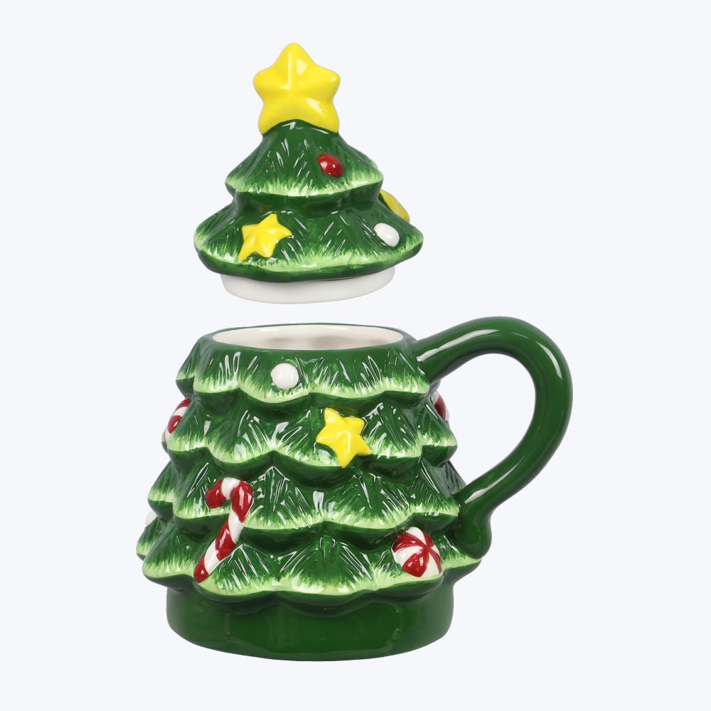 Ceramic Christmas Tree Shaped Mug with Lid 16oz Green