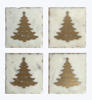 Marble Golden Tree Design Coaster 4/Set