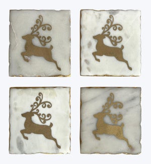 Marble Golden Reindeer Design Coaster 4/Set