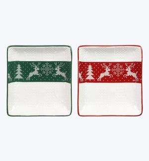 Ceramic Green and Red Christmas Square Plate/Trinket Dish 2 Ast
