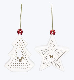 Ceramic Star and Tree Hanging Ornaments w/ LED 2 Ast