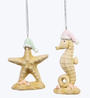 Resin Coastal Christmas Sand Starfish/Seahorse Ornament 3 Ast