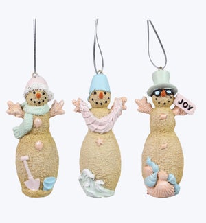 Resin Coastal Christmas Sand Snowman Ornament 3 Ast