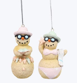 Resin Coastal Christmas Sand Snowman Ornament 2 Ast