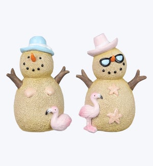 Resin Coastal Pastel Sand Snowman With Flamingo Figurine 2 Ast