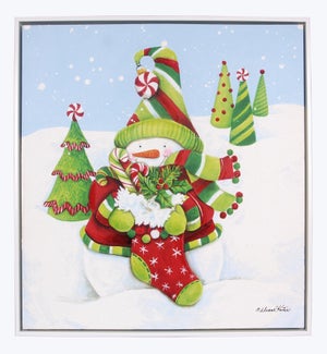 Poly Frame Snowman with Cardinal Canvas Wall Art With Hand Painting