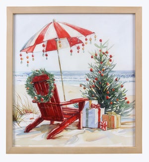 Wood Frame Beach Christmas Canvas Wall Art/Tabletop With Hand Painting