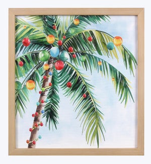 Wood Frame Palm Tree Coastal Christmas Canvas Wall Art/Tabletop With Hand Painting