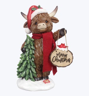 Resin Highland Cow Tabletop With Merry Christmas Sign