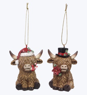 Resin Highland Cow Ornament 2 Ast