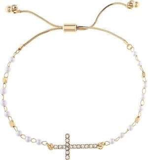 BRACELET/Prl Cross - Gld Slide