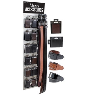 Men's Leather 36 Wallets and 36 Belts on a Clear Panel Display