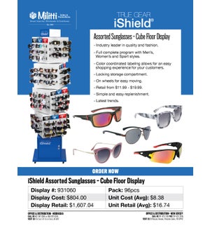 iShield Assorted Sunglasses -  96pc Cube Floor Display - 114pcs