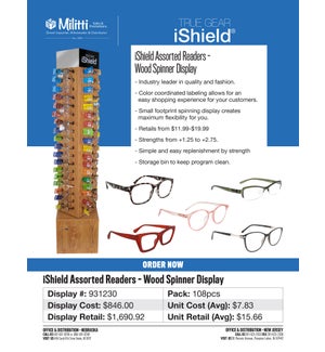 iShield Assorted Readers - 72pc Wood Spinner Display - 108pcs