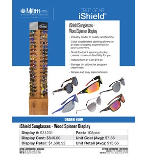 iShield Assorted Sunglasses - 72pc Wood Spinner Display - 108pcs